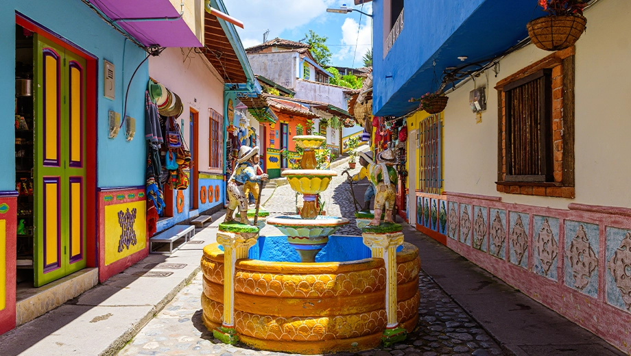 Colourful street of Guatape colonial town, Colombia