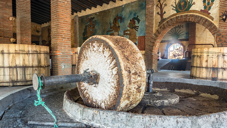 Stone grinding wheel in an old mezcal distillery in Oaxaca