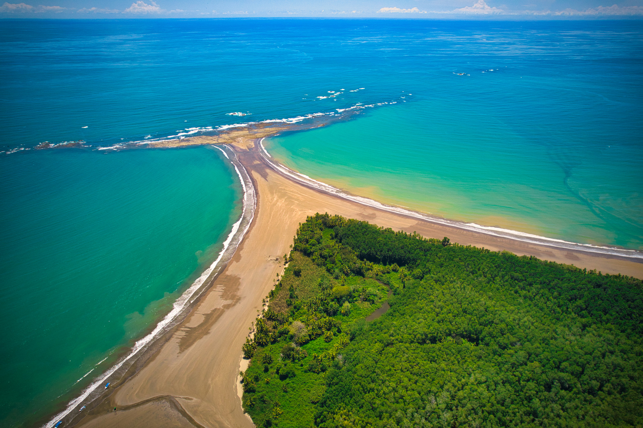 Aerial Drone View of the Whale's Tail at the Marino Ballena National Park in Uvita