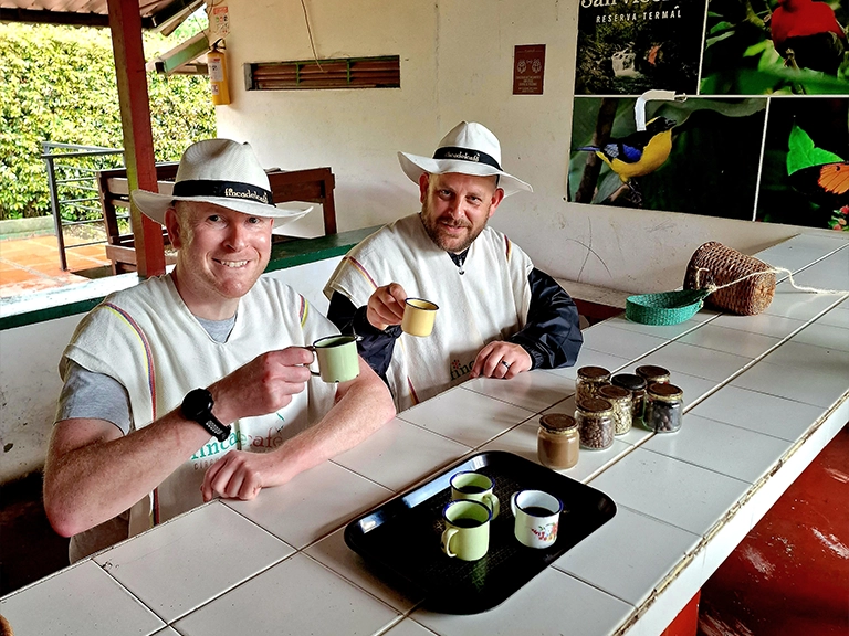 Our travel specialists, Paul & Oliver trying out the “café de origen“ prepared by Maria