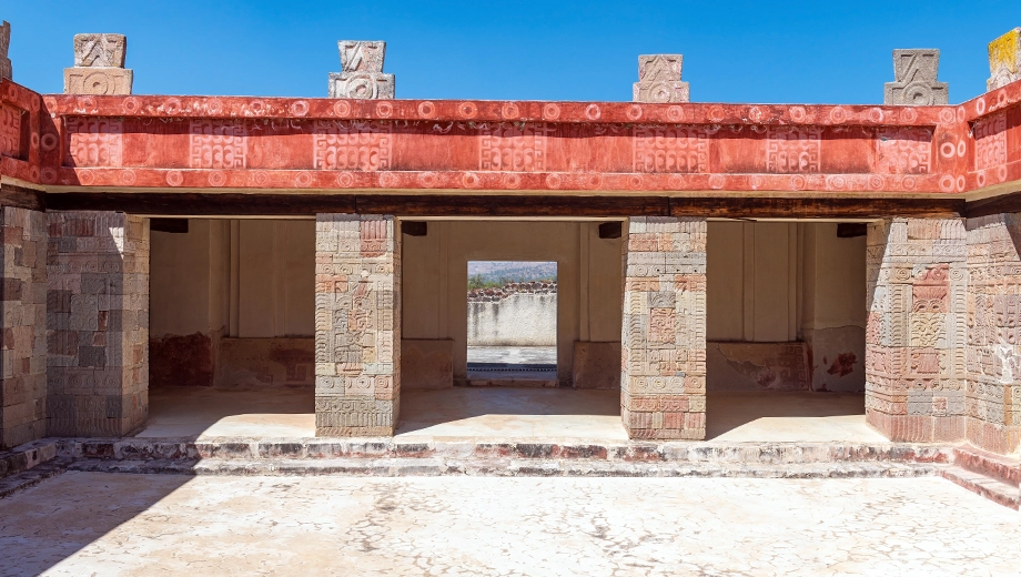 Inner courtyard with red fresco, Quetzalpapalotl temple building, Teotihuacan