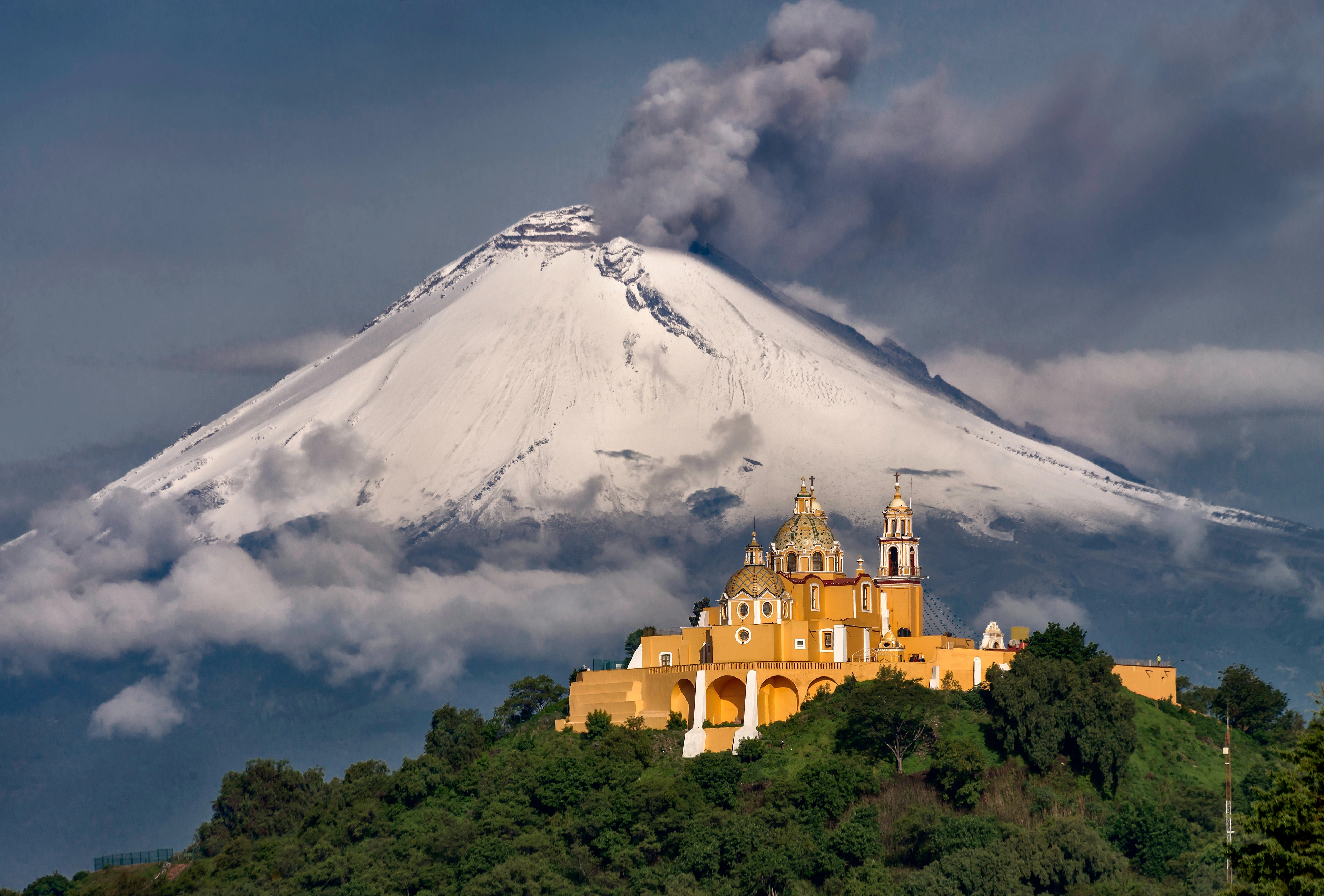 Cholula Church with Popocatepetl in the background, Puebla,