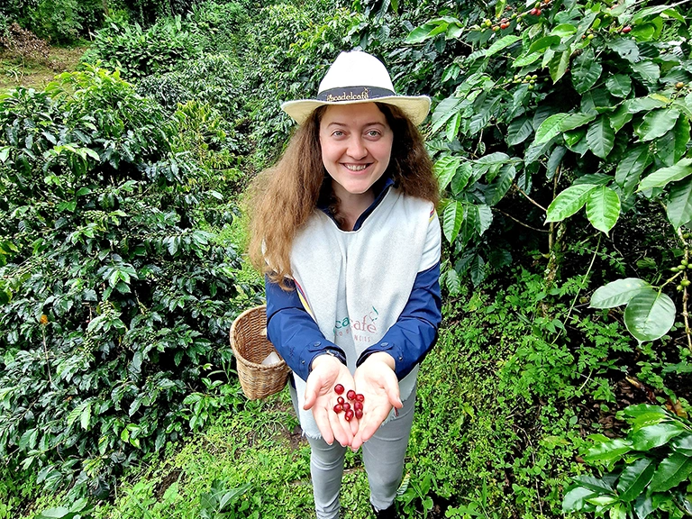 Our travel specialist, Mihaela picking coffee in the plantation during the tour