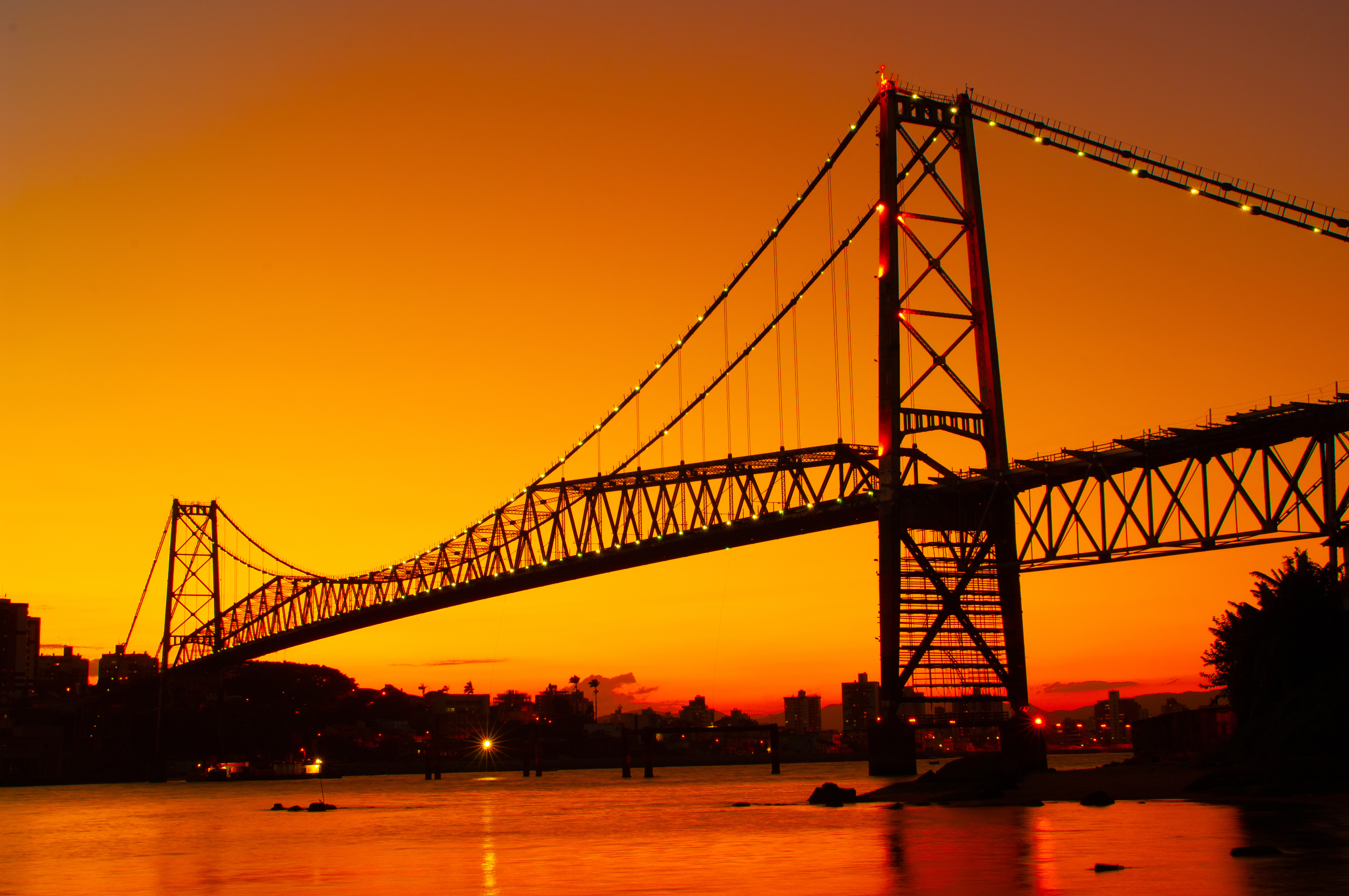 Brazil, Florianopolis, Hercilio Luz Bridge In The Sunset